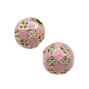 Round Copper Beads Pave Zircon Pink Enamel Football Sport Gold Plated, approx 10mm dia