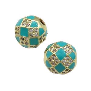 Round Copper Beads Pave Zircon Teal Enamel Football Sport Gold Plated, approx 10mm dia