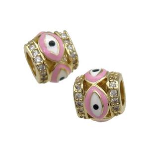 Copper Tube Beads Pave Zircon Pink Enamel Evil Eye Large Hole Gold Plated, approx 9-10mm, 5mm hole