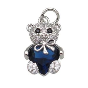 Copper Bear Charm Pendant Pave Zircon Blue Platinum Plated, approx 10-15mm