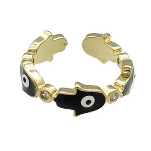 Copper Hamsahand Ring Black Enamel Evil Eye Gold Plated, approx 6.5mm, 18mm dia