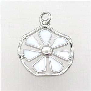 Copper Flower Pendant White Enamel Platinum Plated, approx 19mm