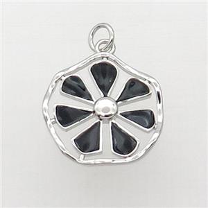 Copper Flower Pendant Black Enamel Platinum Plated, approx 19mm