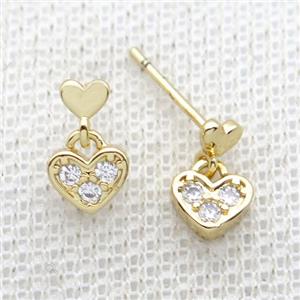 Copper Stud Earring Pave Zircon Heart Gold Plated, approx 6.5mm