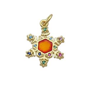 Copper Snowflake Pendant Pave Zircon Orange Enamel Gold Plated, approx 16mm