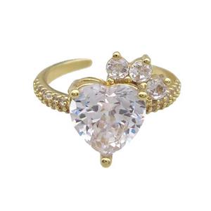 Copper Ring Pave Zircon Clear Crystal Heart Gold Plated, approx 10mm, 18mm dia