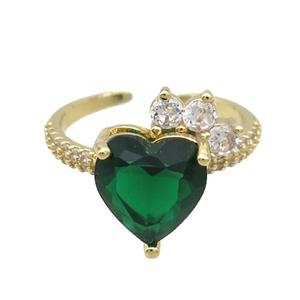 Copper Ring Pave Zircon Green Crystal Heart Gold Plated, approx 10mm, 18mm dia