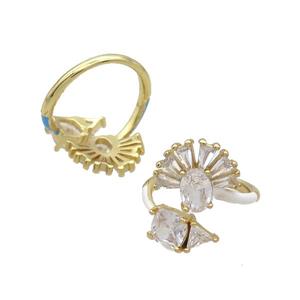 Copper Ring Pave Zircon Clear Crystal White Enamel Gold Plated, approx 6-11mm, 14mm, 18mm dia