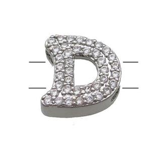 Copper Alphabet Beads Pave Zircon Letter-D 2holes Platinum Plated, approx 10-13mm