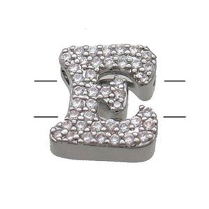 Copper Alphabet Beads Pave Zircon Letter-E 2holes Platinum Plated, approx 10-13mm