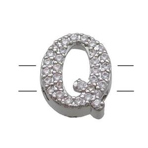 Copper Alphabet Beads Pave Zircon Letter-Q 2holes Platinum Plated, approx 10-13mm