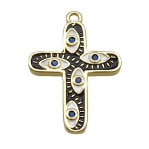 Copper Cross Pendant Pave Zircon Black Enamel Eye Gold Plated, approx 16-21mm