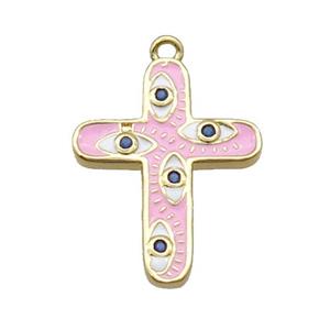 Copper Cross Pendant Pave Zircon Pink Enamel Eye Gold Plated, approx 16-21mm