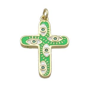 Copper Cross Pendant Pave Zircon Green Enamel Eye Gold Plated, approx 16-21mm