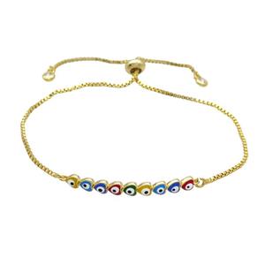 Copper Bracelet Multicolor Enamel Evil Eye Heart Adjustable Gold Plated, approx 4-35mm, 20-27cm length