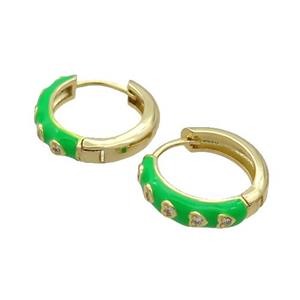 Copper Hoop Earring Green Enamel Heart Gold Plated, approx 17mm dia