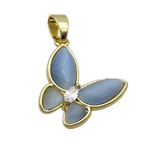 Copper Butterfly Pendant Pave Blue Catseye Gold Plated, approx 16-18mm