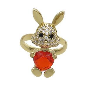 Copper Rabbit Ring Pave Zircon Red Crystal Adjustable Gold Plated, approx 11-25mm, 18mm dia