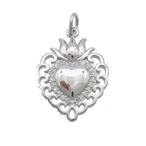 Copper Decor Heart Pendant Pave Zircon Platinum Plated, approx 16-20mm