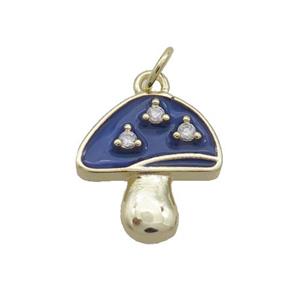 Copper Mushroom Pendant Pave Zircon Blue Enamel Gold Plated, approx 14-15mm