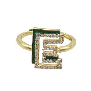 Copper Ring Pave Zircon E-Letter Adjustable Enamel Gold Plated, approx 10-14mm, 18mm dia