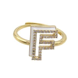 Copper Ring Pave Zircon F-Letter Adjustable Enamel Gold Plated, approx 10-14mm, 18mm dia