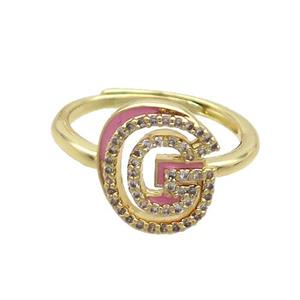 Copper Ring Pave Zircon G-Letter Adjustable Enamel Gold Plated, approx 10-14mm, 18mm dia