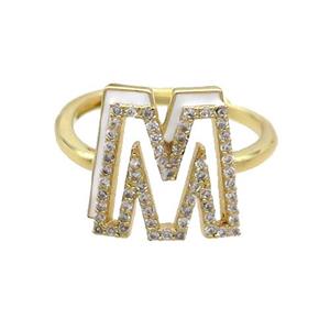 Copper Ring Pave Zircon M-Letter Adjustable Enamel Gold Plated, approx 10-14mm, 18mm dia