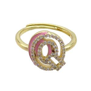 Copper Ring Pave Zircon Q-Letter Adjustable Enamel Gold Plated, approx 10-14mm, 18mm dia