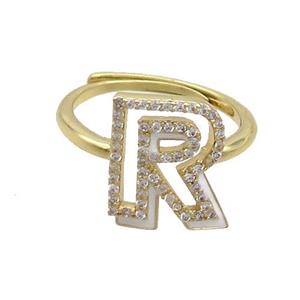 Copper Ring Pave Zircon R-Letter Adjustable Enamel Gold Plated, approx 10-14mm, 18mm dia