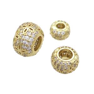 Copper Rondelle Beads Pave Zircon Large Hole Gold Plated, approx 10mm