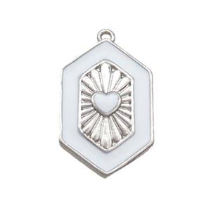 Copper Hexagon Pendant White Enamel Heart Platinum Plated, approx 13-20mm