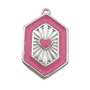 Copper Hexagon Pendant Pink Enamel Heart Platinum Plated, approx 13-20mm