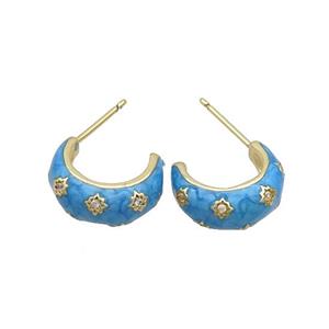 Copper Stud Earring Pave Zircon Blue Enamel Gold Plated, approx 14mm