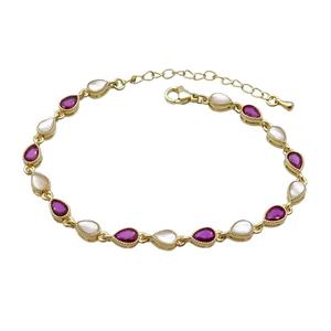 Copper Bracelets Pave Fuchsia Zirocn Teardrop Gold Plated, approx 5-7mm, 18-24cm length