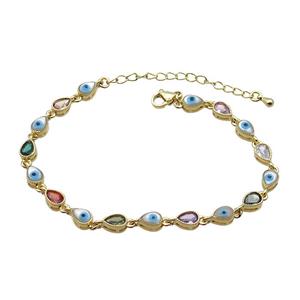 Copper Bracelets Pave Multicolor Zirocn Teardrop Evil Eye Gold Plated, approx 5-7mm, 18-24cm length