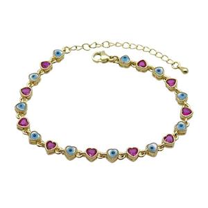 Copper Bracelets Pave Fuchsia Zirocn Heart Evil Eye Gold Plated, approx 5mm, 18-24cm length