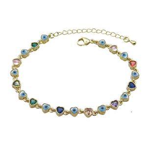 Copper Bracelets Pave Multicolor Zirocn Heart Evil Eye Gold Plated, approx 5mm, 18-24cm length