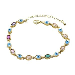 Copper Bracelets Pave Multicolor Zirocn Oval Evil Eye Gold Plated, approx 5-7mm, 18-24cm length