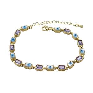 Copper Bracelets Pave Purple Zirocn Rectangle Evil Eye Gold Plated, approx 5-7mm, 18-24cm length