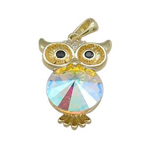 Copper Owl Charms Pendant Pave Crystal Glass Gold Plated, approx 16-22mm