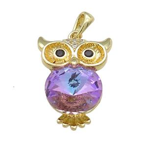 Copper Owl Charms Pendant Pave Crystal Glass Gold Plated, approx 16-22mm