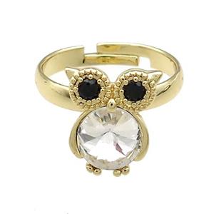 Copper Owl Rings Pave Crystal Glass Zircon Adjustable Gold Plated, approx 10-14mm, 18mm dia