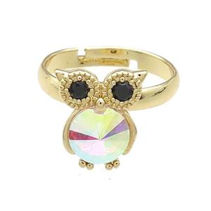 Copper Owl Rings Pave Crystal Glass Zircon Adjustable Gold Plated, approx 10-14mm, 18mm dia