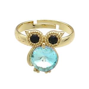 Copper Owl Rings Pave Crystal Glass Zircon Adjustable Gold Plated, approx 10-14mm, 18mm dia