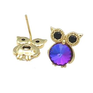 Copper Owl Stud Earrings Pave Crystal Glass Zircon Gold Plated, approx 10-14mm