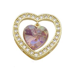 Copper Heart Pendant Pave Crystal Glass Zircon Gold Plated, approx 14mm, 25mm