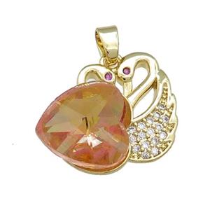 Copper Swan Pendant Pave Crystal Glass Zircon Heart Gold plated, approx 14mm, 20-23mm