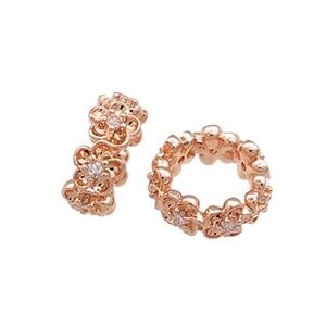 Copper Rondelle Beads Pave Zircon Flower Large Hole Rose Gold, approx 10mm