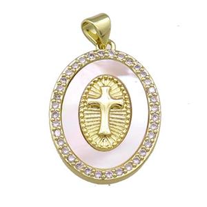 Copper Oval Pendant Pave Shell Zircon Cross Medal Charms 18K Gold Plated, approx 19-25mm